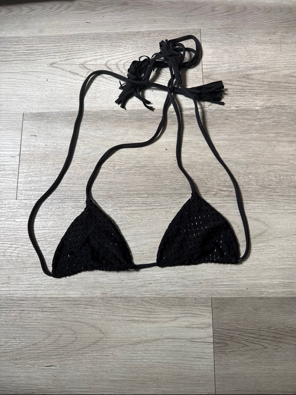 acacia swimwear Black Crochet Triangle Bikini Top with Tassel Ties
